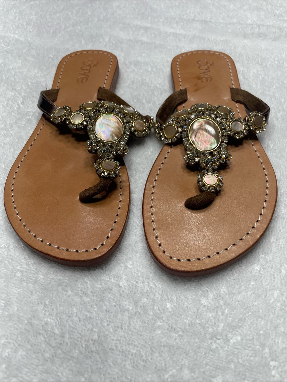 Love Brown Jeweled Toe-Post Sandals with Iridescent Accents